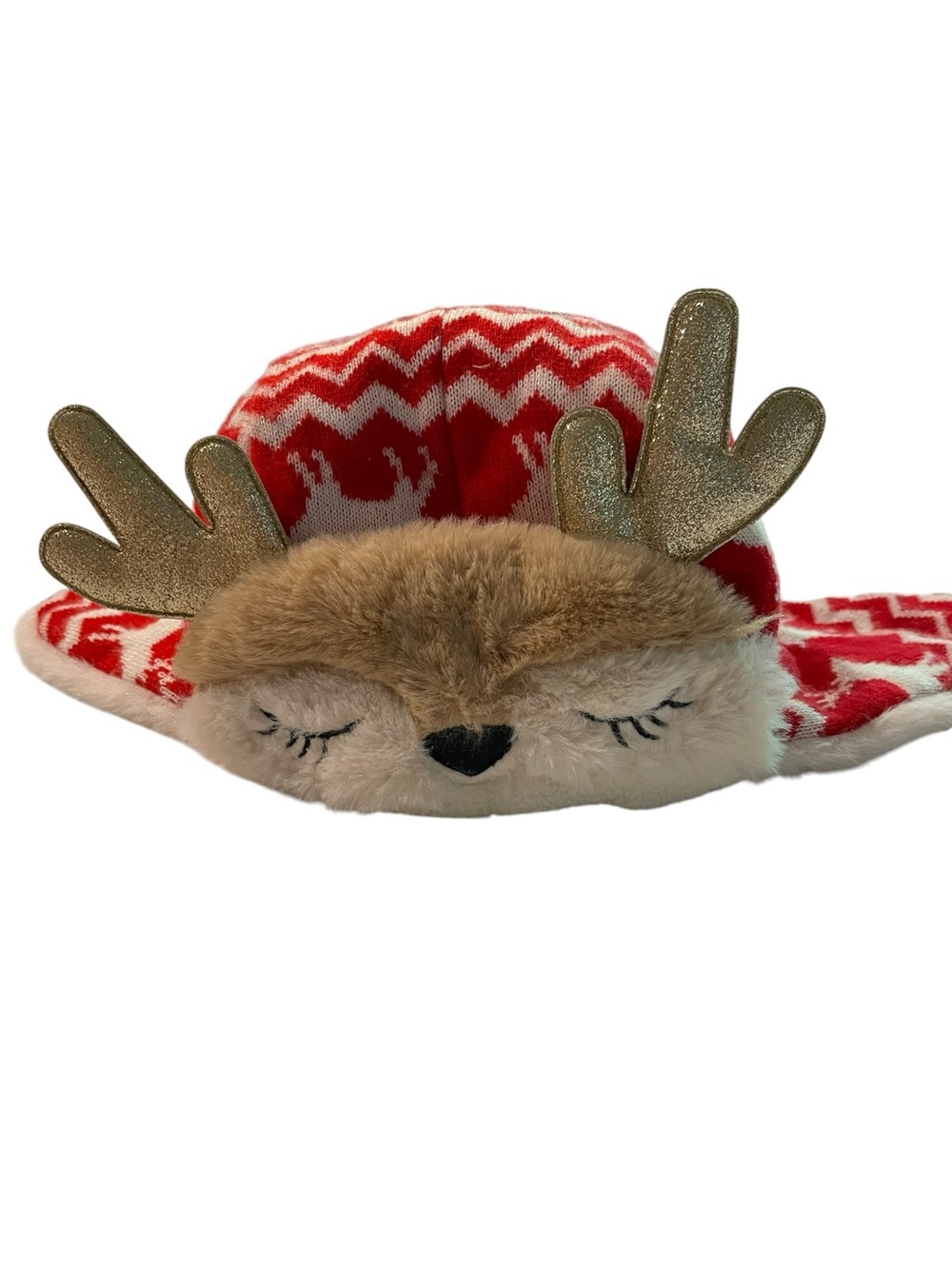 Kids Plush Reindeer Hat - Red and Brown Cozy Winter Hat baby one size